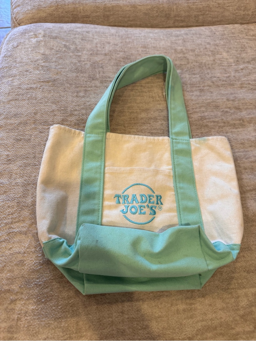 Trader Joe's Cream and Mint Canvas Tote Bag